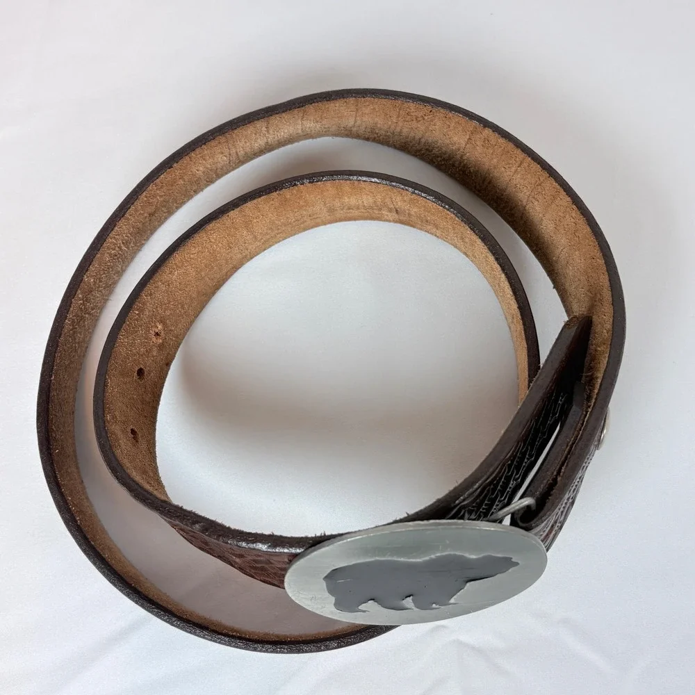 Vtg 1993 Siskiyou Pewter Black Bear Buckle Basketweave Brown Leather Belt 38